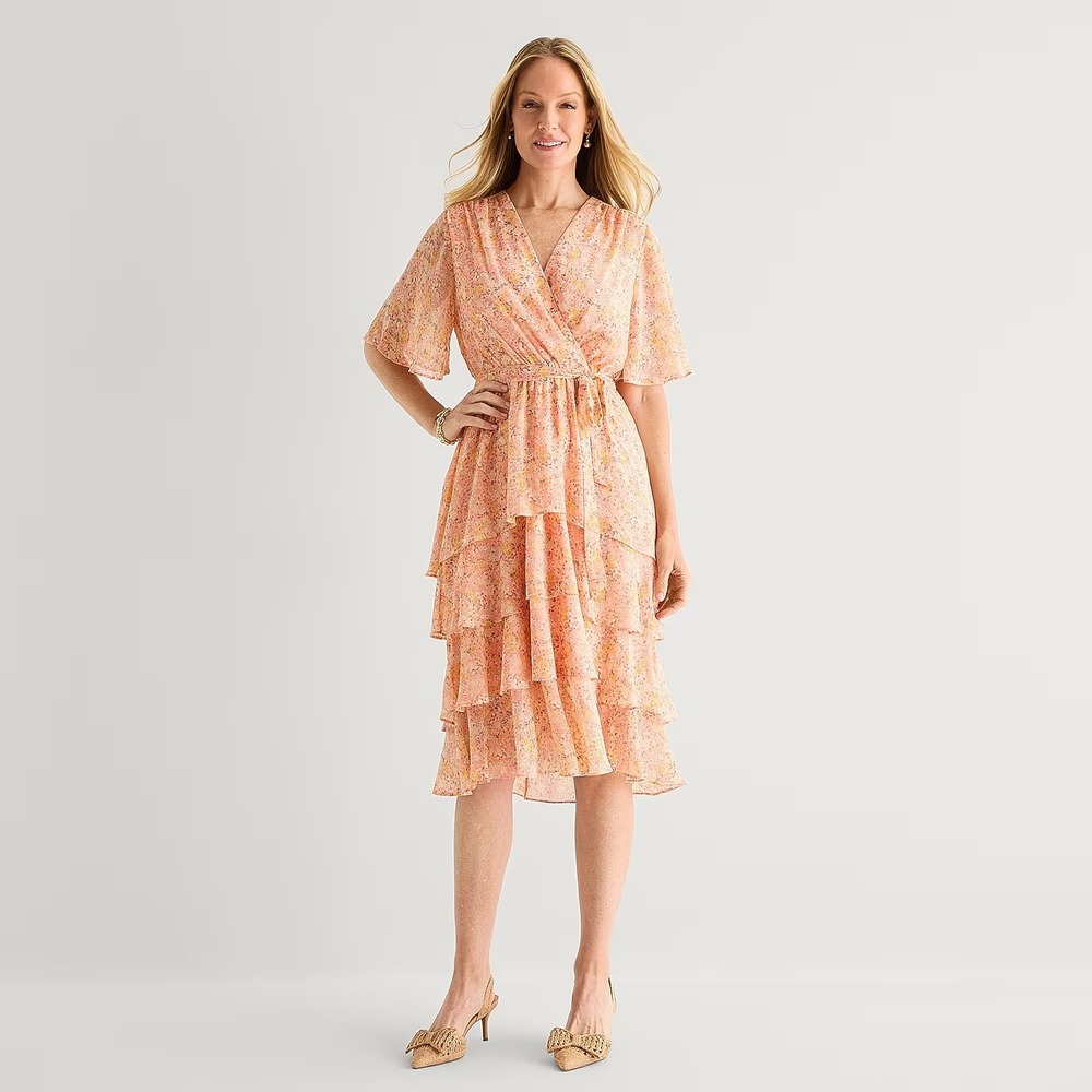 Studio One Womens 16 Peach Yellow Floral Midi Flutter Dress V Neck Short Sleeve
